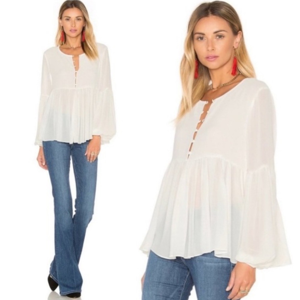 L'Academie White Peplum Button Front Blouse Top Womens Sz XS Revolve Semi Sheer